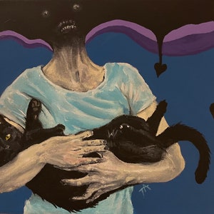 May include: A painting of a person holding a black cat in their arms. The person's face is obscured by a dark, dripping substance. The background is a dark blue with purple accents.