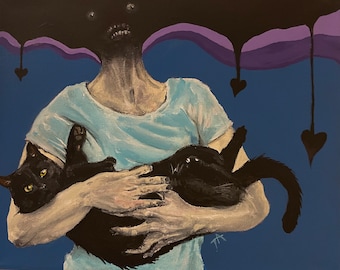 May include: A painting of a person holding a black cat in their arms. The person's face is obscured by a dark, dripping substance. The background is a dark blue with purple accents.