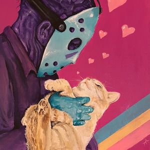 May include: A purple-skinned figure wearing a blue hockey mask holds a white cat with its eyes closed. Pink hearts float around the figure's head against a pink background.