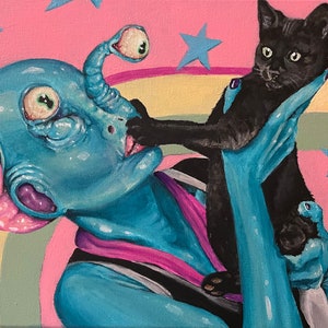 May include: A blue alien with a pink brain and three eyes holds a black cat in its hands. The background is pink with blue stars.