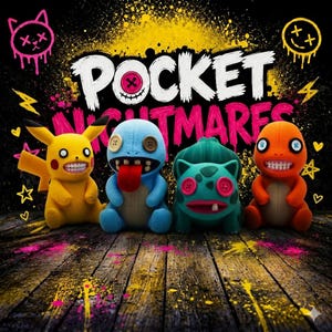 May include: Four plush toys featuring yellow, blue, teal, and orange characters with button eyes and realistic teeth. The text POCKET NIGHTMARES is displayed above them against a black background with yellow and pink paint splatter accents.