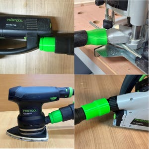 Peut inclure: Un ensemble de quatre images montrant un adaptateur de tuyau d'aspirateur vert vif fixé à divers outils électriques Festool, notamment les modèles RO 150 FEQ, DTS 400 REQ et TS 55 REBQ, facilitant une connexion sécurisée avec un tuyau d'aspiration.
