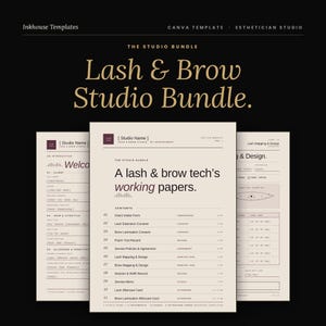 Può includere: Un pacchetto di modelli digitali per uno studio di estetica, con moduli di benvenuto, moduli di consenso, menu dei servizi e schede di follow-up. Il testo "Lash & Brow Studio Bundle" è visualizzato in un carattere grande ed elegante.