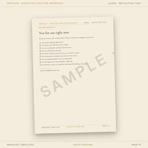 May include: A workbook page with the title "Not for use right now" and a list of questions. The page is from the "Executive Function Workbook" by Inkhouse. The background is a light beige color.