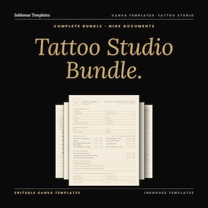 Paquete de formularios para estudio de tatuajes, plantillas editables de Canva, formulario de admisión para el artista y el cliente, consentimiento y cuidados posteriores.