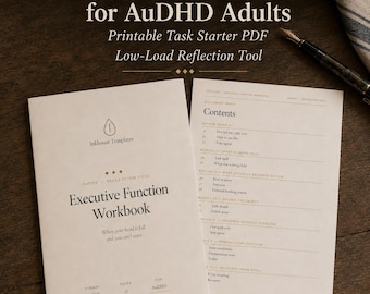 Executive Function Workbook for AuDHD Adults, Printable Task Starter PDF, Low-Load Reflection Tool