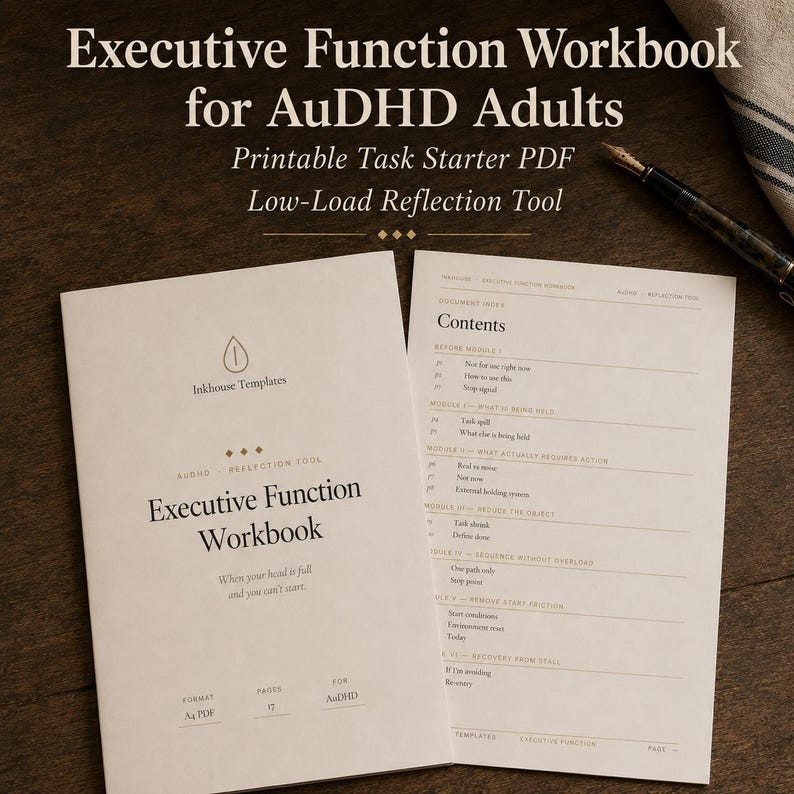 May include: Two open workbooks with the title "Executive Function Workbook" and the text "for AuDHD Adults." The workbook pages are white with black text. The top of the image has the text "Printable Task Starter PDF Low-Load Reflection Tool."