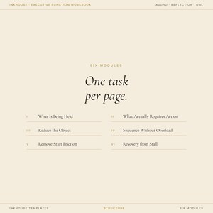 May include: A workbook page with the text "One task per page." The page is beige with black text. The workbook is titled "Executive Function Workbook" and includes six modules.