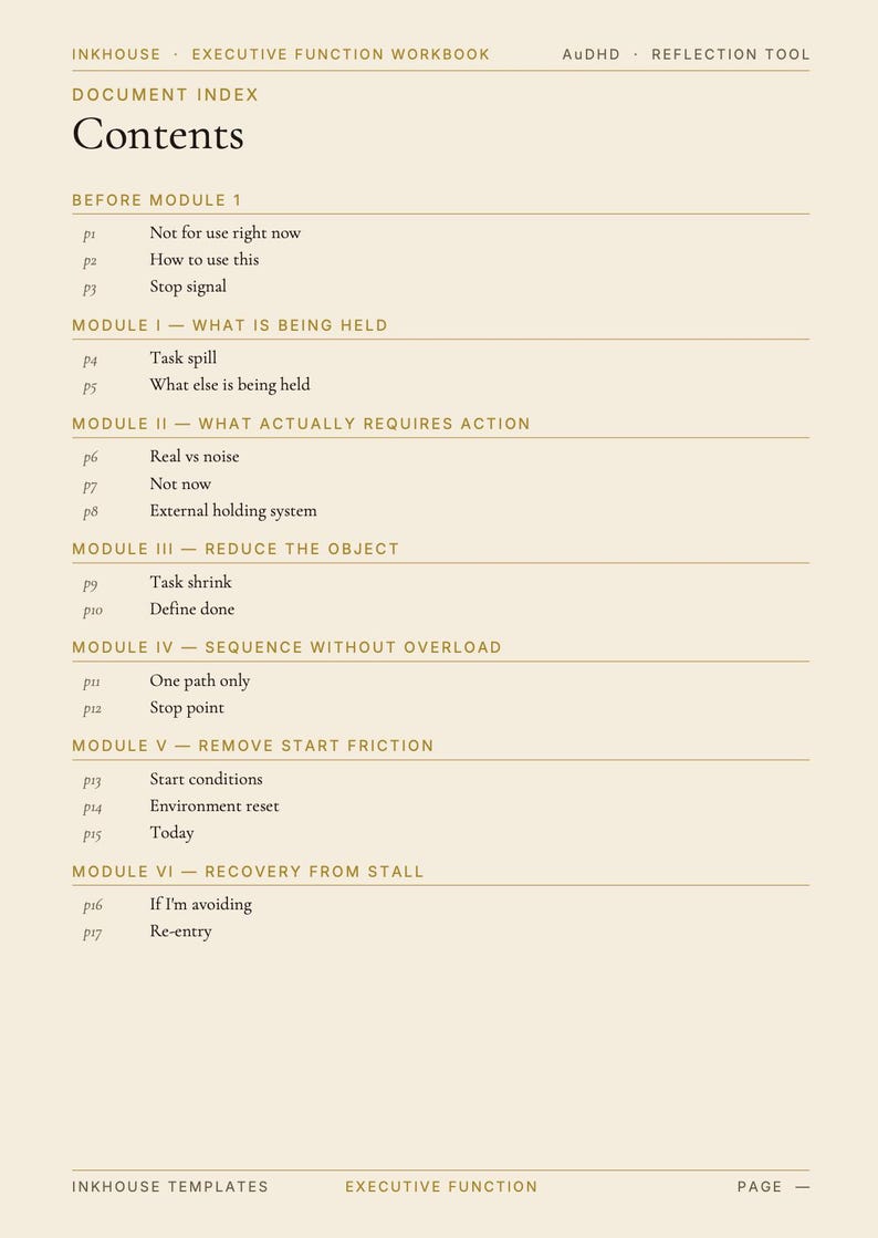May include: A document index page from the "Executive Function Workbook" by Inkhouse. The page features a table of contents with sections like "Before Module 1", "Module I - What is Being Held", and "Module II - What Actually Requires Action".
