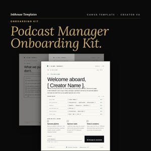 May include: A digital template titled "Podcast Manager Onboarding Kit" with the text "Welcome aboard, [Creator Name]." The design is in black and white, with a modern, minimalist aesthetic. The kit includes sections on show briefs, episode pipelines, and scope of services.