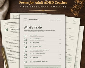ADHD Coaching Forms Bundle, Client Intake, Welcome Packet, Agreement, Invoice, Canva Templates for Coaches