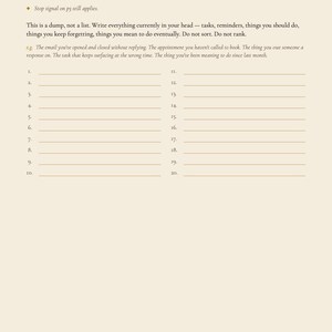 May include: A workbook page titled "Task Spill" from the "Executive Function Workbook." The page includes numbered lines for listing tasks, reminders, and other items. The text encourages the user to write everything down without sorting or ranking.
