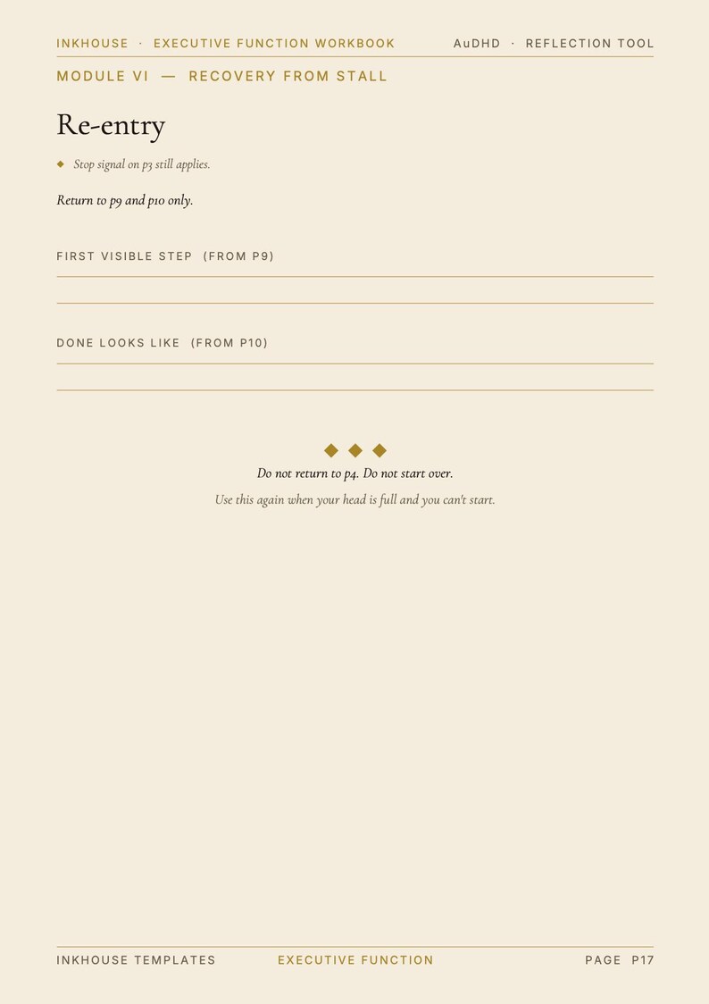 May include: A workbook page with the title "Re-entry" and instructions for recovery from a stall. The page includes prompts for the first visible step and what it looks like, with a note to avoid returning to page 4. The text is in a serif font.