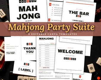 Modern Mahjong Party Printable Bundle, Bold Game Night Set, Editable Canva Invitation Score Sheet