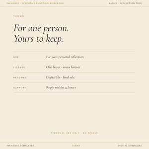May include: A digital workbook template with text that reads "For one person. Yours to keep." The template includes sections for personal reflection, license details, return policy, and support information. The design is minimalist with a cream background and dark text.