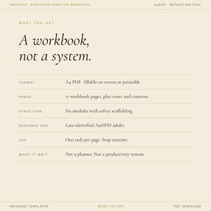May include: A workbook, not a system, with text on a cream background. The workbook is designed for late-identified AuDHD adults. It is an A4 PDF with 17 pages, six modules, and one task per page. The workbook is fillable on screen or printable.