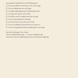 May include: A page from an executive function workbook titled "Stop Signal." The text lists scenarios to stop using the workbook, such as not following instructions or feeling pressure. The page is beige with black text.