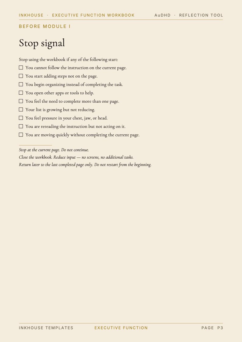 May include: A page from an executive function workbook titled "Stop Signal." The text lists scenarios to stop using the workbook, such as not following instructions or feeling pressure. The page is beige with black text.