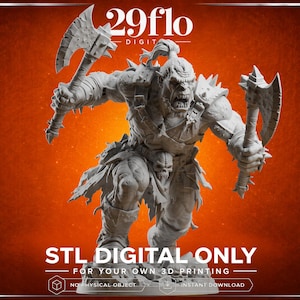 Könnte beinhalten: Eine graue, 3D-druckbare digitale Figur eines muskulösen Ork-Kriegers in dynamischer Kampfpose, der zwei stachelige Streitäxte schwingt. Die Figur hat einen Pferdeschwanz, stachelige Schulterpanzerung und einen Gürtel mit Totenkopf-Motiv.