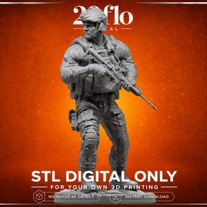 May include: A grey 3D-printed figurine of a soldier in combat gear, holding a rifle. The figure is standing on a base with the text "STL DIGITAL ONLY" and "FOR YOUR OWN 3D PRINTING". The background is a gradient of orange and brown.