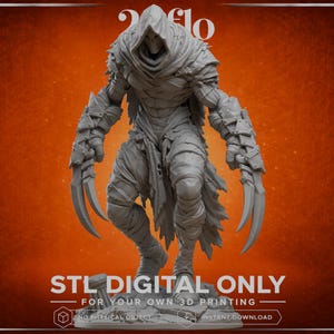 Peut inclure: Une figurine grise imprimable en 3D représentant un personnage humanoïde musclé à capuche, enveloppé de bandages et doté de longues griffes acérées. Le texte "20flo" figure en haut et "STL DIGITAL ONLY FOR YOUR OWN 3D PRINTING" en bas.