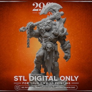 May include: A gray 3D printable digital figurine of a muscular warrior standing on a rocky base. The figure features a large battle axe held over the shoulder, a skull belt buckle, fur shoulder armor, and a hanging chain detail on the weapon.