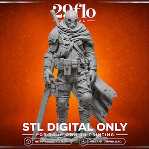 May include: A grey 3D-printed figurine of a post-apocalyptic character wearing a gas mask, armour, and a flowing cape, holding a large sword. The figure is standing on a base. Text on the image reads "STL DIGITAL ONLY" and "FOR YOUR OWN 3D PRINTING".