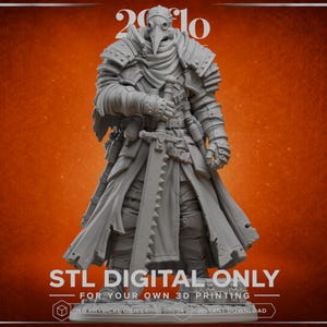 May include: A grey 3D printed miniature figure of a plague doctor wearing a long coat, layered armour, and a bird-like mask. The figure holds a large serrated sword with both hands. Text on the image reads 28flo, STL DIGITAL ONLY, FOR YOUR OWN 3D PRINTING.
