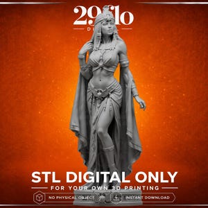Può includere: Modello 3D grigio di una donna in abiti dell'antico Egitto, tra cui un copricapo, un mantello e una cintura ornata. Il testo "STL DIGITAL ONLY" e "FOR YOUR OWN 3D PRINTING" sono visibili. Lo sfondo è una sfumatura di arancione e marrone.