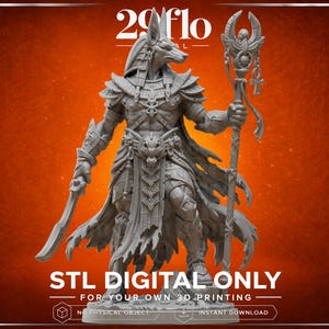 May include: A gray 3D printable figurine of an Anubis-like deity with a jackal head, wearing ornate armor and a loincloth. The figure holds a curved blade in one hand and a tall staff topped with a winged emblem and an ankh in the other. Text reads 29flo and STL DIGITAL ONLY.