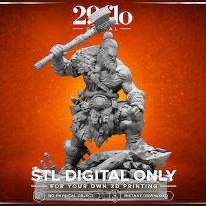 Könnte beinhalten: Graues 3D-Modell einer muskulösen Kriegerfigur, die einen großen Hammer hält. Die Figur ist mit Fell und Totenköpfen geschmückt. Der Text "STL DIGITAL ONLY" und anderer Text ist unten im Bild sichtbar.