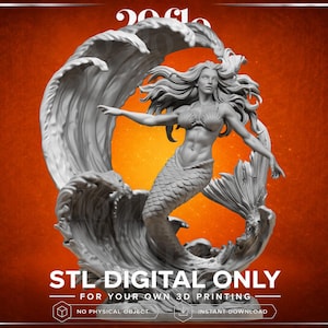 Pode incluir: Uma escultura 3D de uma sereia emergindo de uma grande onda. A sereia tem cabelos longos e esvoaçantes e um biquíni de concha. A imagem inclui o texto "STL DIGITAL ONLY" e "FOR YOUR OWN 3D PRINTING". O fundo é um gradiente de laranja e marrom.