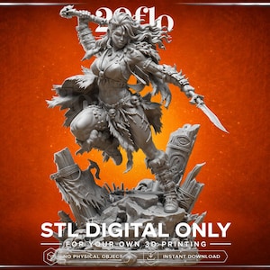May include: A gray 3D printable digital figurine of a warrior character in a dynamic leaping pose, holding a mace and a dagger. The character wears fur-trimmed armor and stands on a base of stone ruins. Text reads STL DIGITAL ONLY.