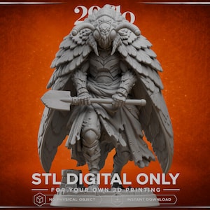May include: A gray 3D printable miniature figure of a moth-like humanoid creature wearing a feathered cloak and holding a shovel. The base features stone-like textures. Text on the image reads: STL DIGITAL ONLY FOR YOUR OWN 3D PRINTING.