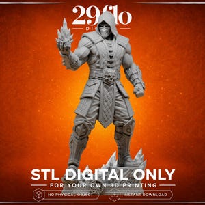 May include: A gray, 3D-printed figurine of a hooded warrior holding a flaming object. The figure is standing on a jagged base. The text "STL DIGITAL ONLY" and "FOR YOUR OWN 3D PRINTING" are displayed at the bottom.