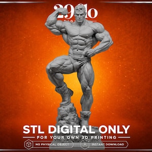May include: A grey 3D model of a muscular male figure in a heroic pose, standing on a rocky base. The figure is wearing briefs and boots. The text "STL DIGITAL ONLY" and "FOR YOUR OWN 3D PRINTING" is displayed at the bottom.