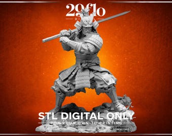 May include: A gray 3D-printed samurai warrior figurine in a dynamic pose, holding a katana. The figure is detailed with armor and a helmet, set against an orange gradient background. Text at the bottom reads "STL DIGITAL ONLY".