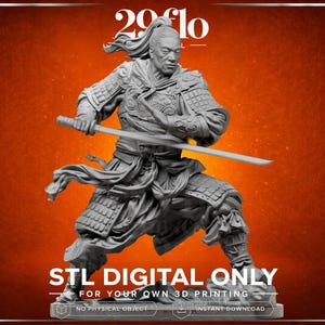 May include: A grey 3D model of a warrior in traditional armour, holding a sword. The figure is in a dynamic pose, with the text "STL DIGITAL ONLY" and "FOR YOUR OWN 3D PRINTING" at the bottom. The background is a gradient of orange and brown.