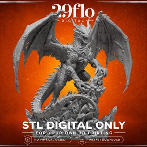 Może przedstawiać: Szczegółowa szara figurka smoka z dużymi skrzydłami, osadzona na skalistej podstawie. Obraz zawiera tekst "STL DIGITAL ONLY" i "FOR YOUR OWN 3D PRINTING". Smok to fantastyczne stworzenie.