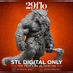 Może przedstawiać: Szary, szczegółowy model 3D stworzenia przypominającego smoka trzymającego topór. Obraz zawiera tekst "29flo" u góry i "STL DIGITAL ONLY" z dodatkowym tekstem na dole, wskazującym na plik cyfrowy do druku 3D.