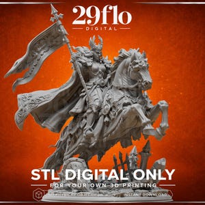 Peut inclure: Une figurine grise imprimable en 3D représentant un guerrier en armure ornée sur un cheval cabré, tenant un grand drapeau. La base présente des ruines. Le texte indique 29flo DIGITAL et STL DIGITAL ONLY FOR YOUR OWN 3D PRINTING.