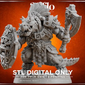 May include: A grey 3D printed miniature figure of a reptilian warrior wearing an ornate headdress and armour with geometric patterns. The figure holds a circular shield in one hand and a large axe in the other. Text reads STL DIGITAL ONLY.