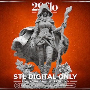 Puede incluir: Modelo 3D gris detallado de un personaje femenino de fantasía, sosteniendo un bastón y vistiendo una capa con capucha. La figura está de pie sobre una base con follaje. El texto en la parte inferior dice "STL DIGITAL ONLY" y "FOR YOUR OWN 3D PRINTING".