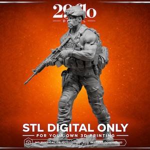 May include: A gray 3D-printed figurine of a soldier in combat gear, holding a rifle. The figure is set against an orange gradient background. Text at the bottom reads "STL DIGITAL ONLY" and "FOR YOUR OWN 3D PRINTING".