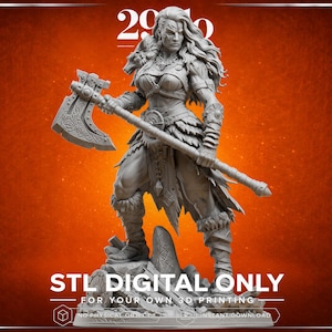 May include: A grey 3D printable figurine of a warrior holding a large battle axe with intricate engravings. The character wears fur-lined armor and stands on a rocky base. The image includes the text 2990 and STL DIGITAL ONLY FOR YOUR OWN 3D PRINTING.