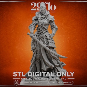 Könnte beinhalten: Eine graue 3D-gedruckte Miniaturfigur eines Kriegers in Rüstung, der ein langes Schwert in der rechten Hand hält. Die Figur zeigt komplexe geschichtete Kleidung, eine geflochtene Frisur und strukturierte Panzerung. Text liest 29flo und STL DIGITAL ONLY.