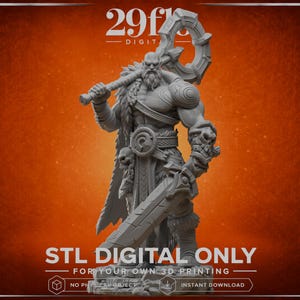 May include: A grey 3D printable digital figurine of a muscular warrior with a beard, wearing fur-lined armour and a belt with a skull detail. The warrior holds a large hammer over one shoulder and a broadsword in the other hand. Text reads 29fts DIGITAL and STL DIGITAL ONLY FOR YOUR OWN 3D PRINTING.