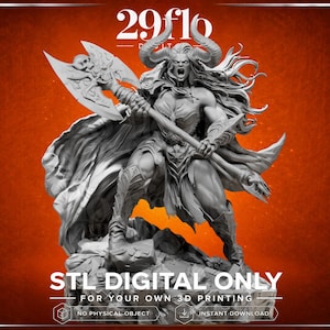 Peut inclure: Modèle 3D en niveaux de gris d'un guerrier cornu tenant une hache de guerre. La figurine est debout sur un socle rocheux, avec une cape. Le texte "STL DIGITAL ONLY" et "FOR YOUR OWN 3D PRINTING" est inclus.