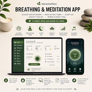 Op de afbeelding: Een digitaal display voor een ademhalings- en meditatie-app met een laptop- en smartphone-interface. Het scherm toont sessiestatistieken, ademhalingsoefeningen en mindfulness-tools. Tekst bevat InteractivePlans, Guided Breathwork en A calmer mind, one breath at a time.