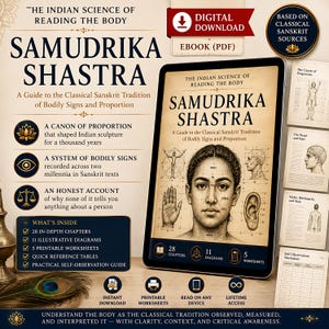 以下が含まれることがあります： 「Samudrika Shastra, The Indian Science of Reading the Body」というタイトルのデジタル電子書籍。身体の徴候と比率に関する古典的なサンスクリットの伝統を解説するガイド。表紙には人間の顔、手、耳の解剖学的図が描かれている。